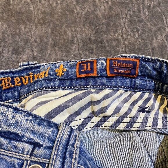 Distressed Rock Revival Helmet Size 31 Straight Embroidered Light Wash Jeans - Picture 9 of 12